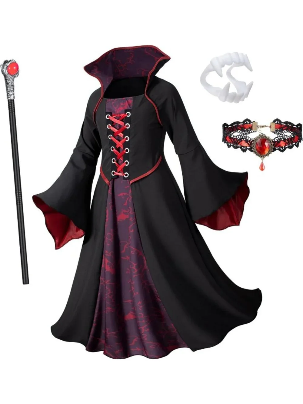 Vampire Costume Set for Girls - Halloween Dress Up with Fangs, Wand & Choker